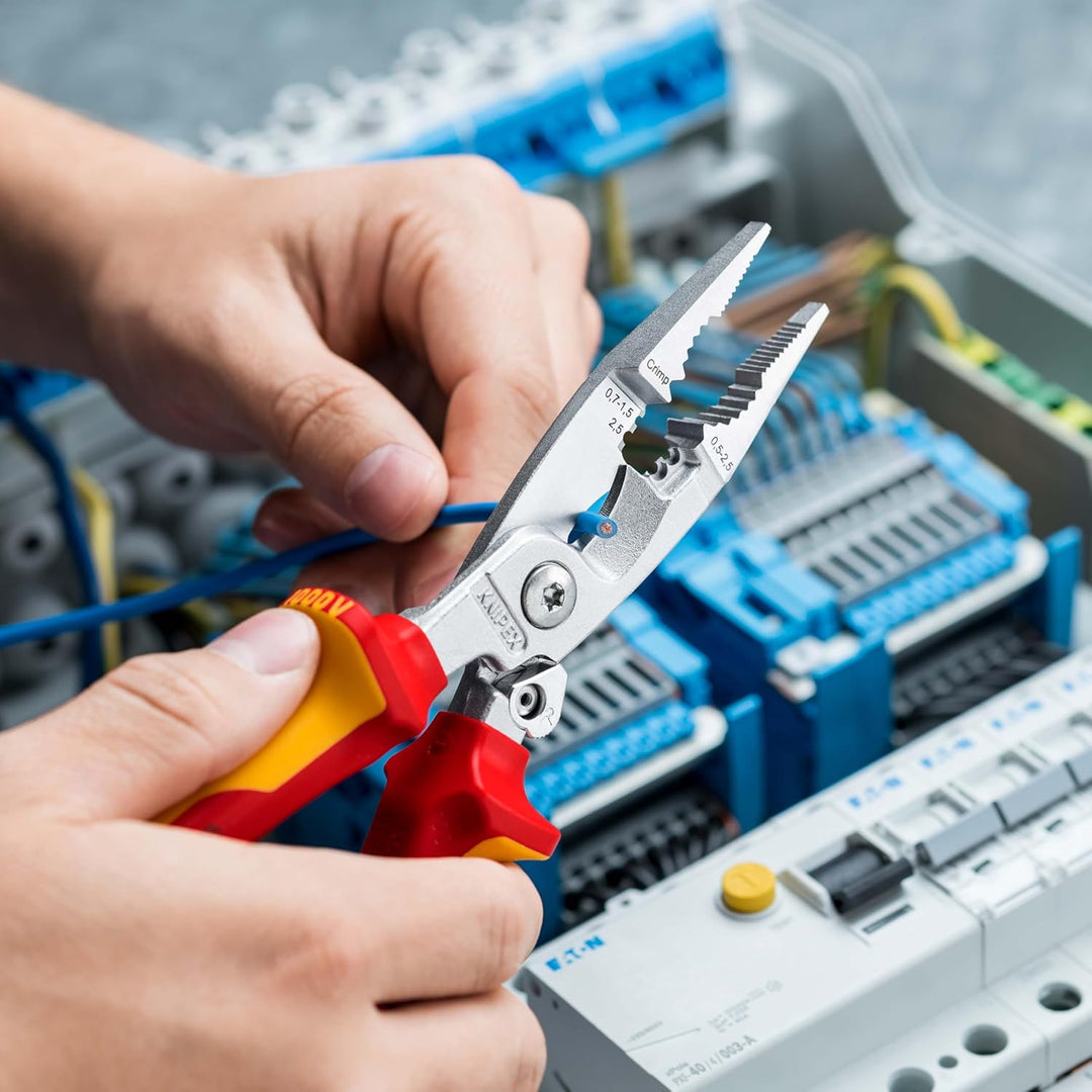 KNIPEX Elektro-Installationszange, VDE, Öffnungsfeder, Kabelschneiden, Abisolieren, Crimpen von Ader