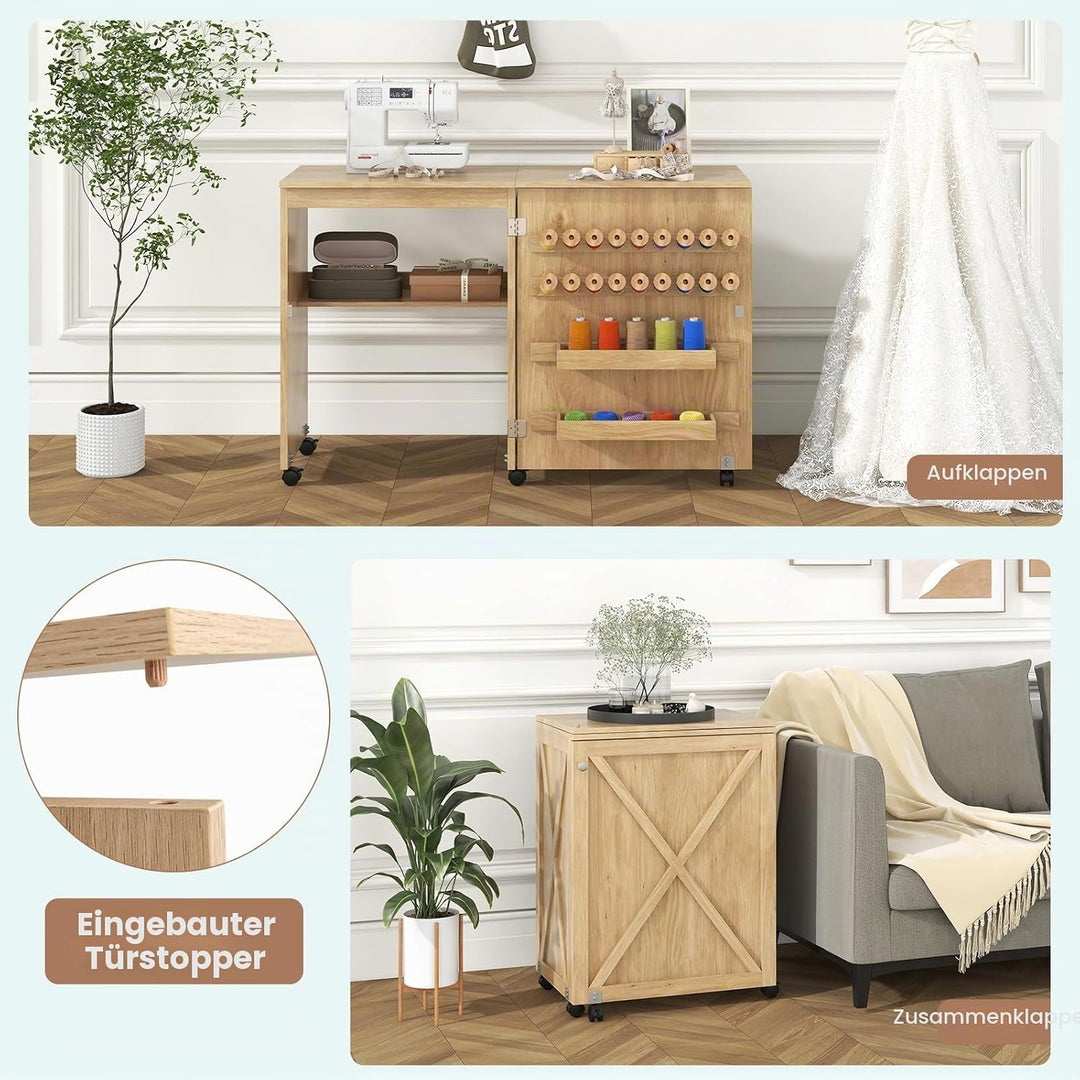 LIFEZEAL Nähmaschinenschrank klappbar, Nähschrank 2 in 1, Schreibtisch Holz mit Haken, Ablage &amp; Roll