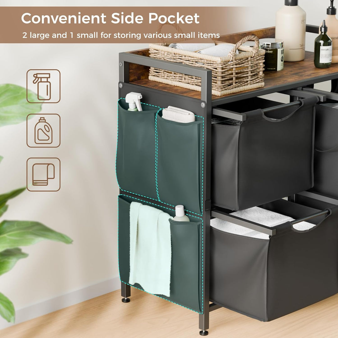 Mondeer Wäschekorb 4 Fächer, 150 L Wäschesammler mit Ablage, Wäschewagen mit Seitliche Taschen und h