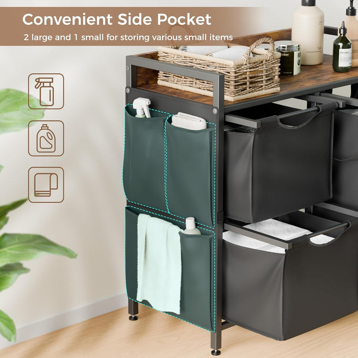 Mondeer Wäschekorb 4 Fächer, 150 L Wäschesammler mit Ablage, Wäschewagen mit Seitliche Taschen und h