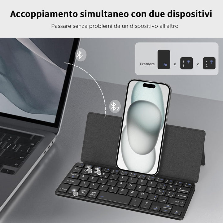 CACOE Mini Bluetooth Tastatur mit Ständer für Handy, Ultraflache Tragbare, Faltbare, Dual-Channel QW