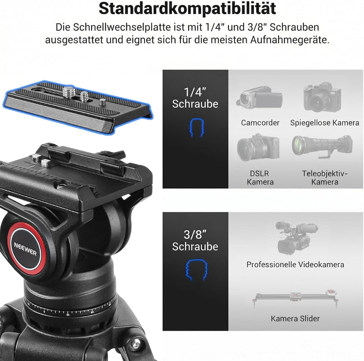NEEWER 74" Pro Videostativ mit Fluidkopf, QR Platte kompatibel mit DJI RS Gimbals Manfrotto, strapaz