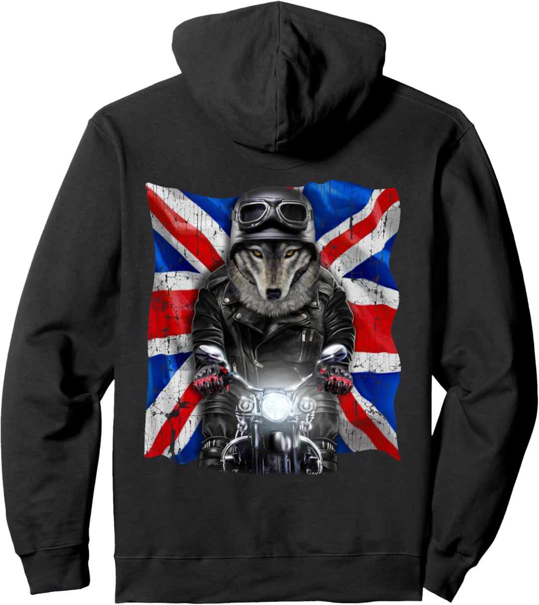 Patriot Wolf auf einem Motorrad mit Union Jack Pullover Hoodie