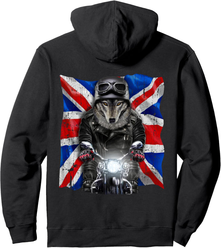 Patriot Wolf auf einem Motorrad mit Union Jack Pullover Hoodie