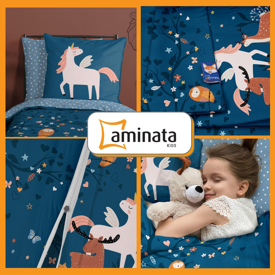 Aminata kids Bettwäsche Mädchen Einhorn 135 x 200 Baumwolle mit YKK Reissverschluss - Kinder-Bettwäs