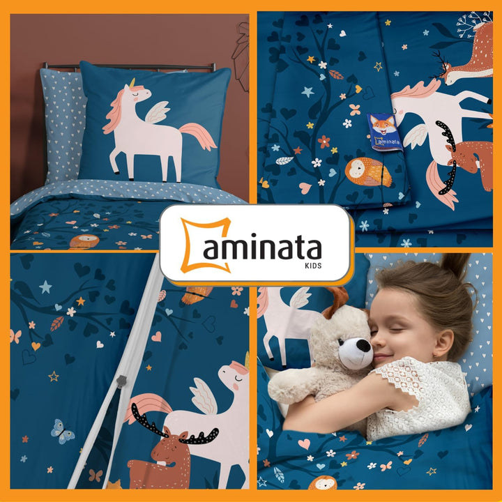 Aminata kids Bettwäsche Mädchen Einhorn 135 x 200 Baumwolle mit YKK Reissverschluss - Kinder-Bettwäs