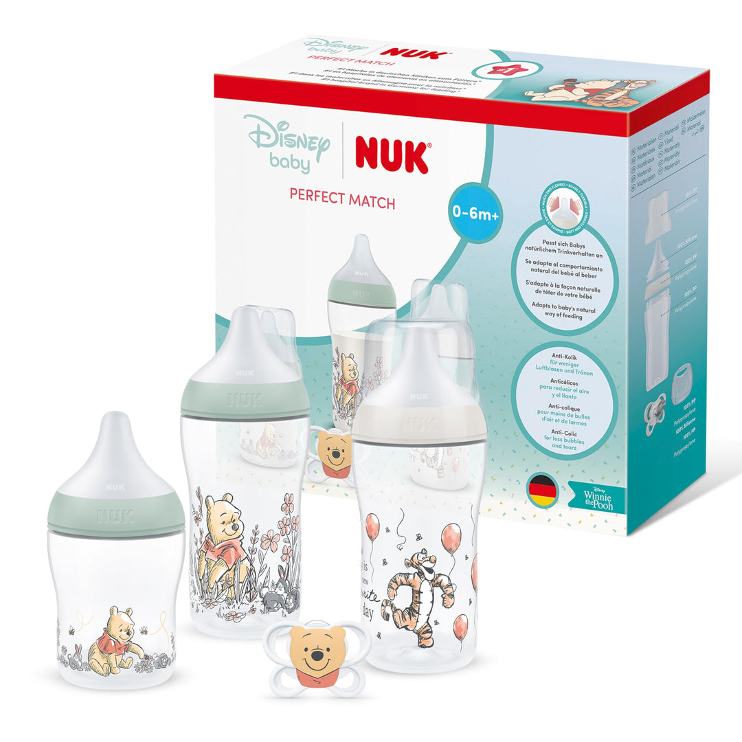 NUK Perfect Match Babyflaschen & Schnuller-Set | 0–6 Monate | 3 x Anti-Kolik-Flaschen (150 ml, 260 m