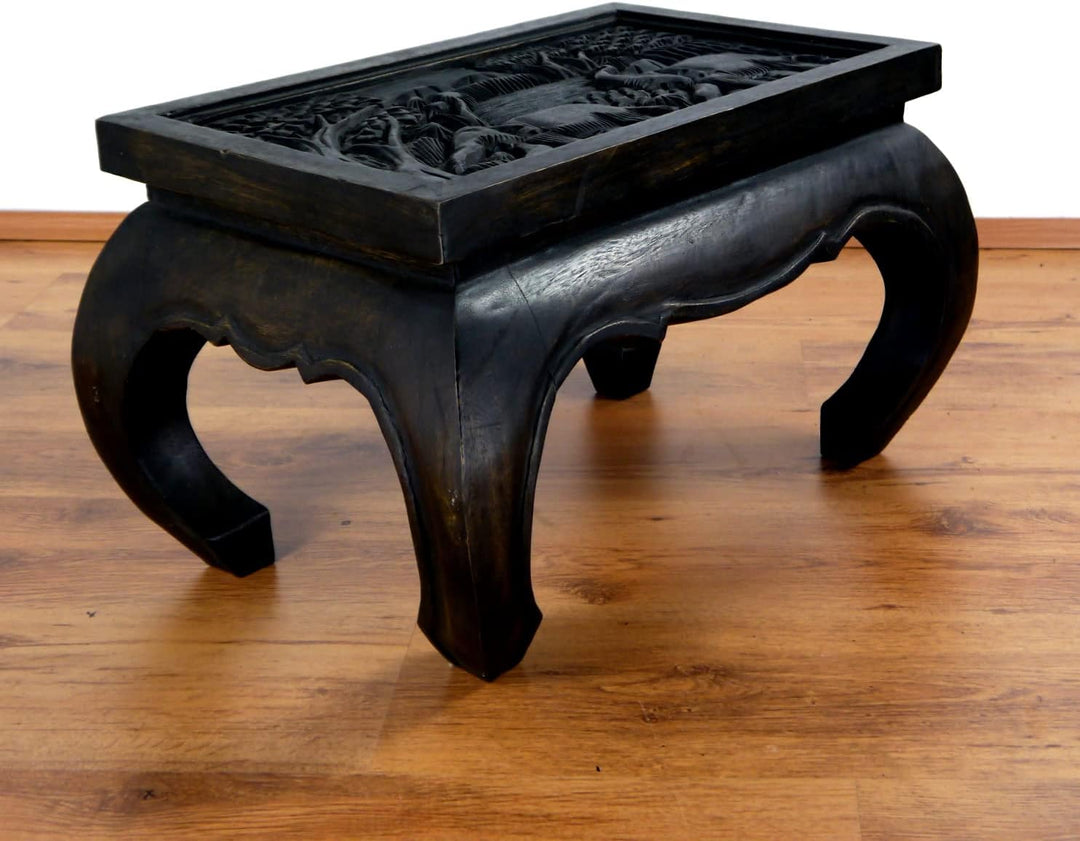livasia Opiumtisch Glasplatte, Beistelltisch, Couchtisch aus Massivholz mit Elefantenschnitzerei (sc
