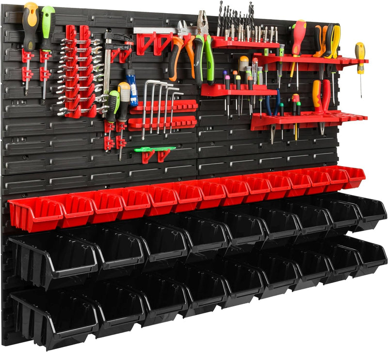 Lagersystem Werkstattregal | 115 x 78 cm | 32 stck. Box | Wandregal mit Werkzeughalterungen und Stap