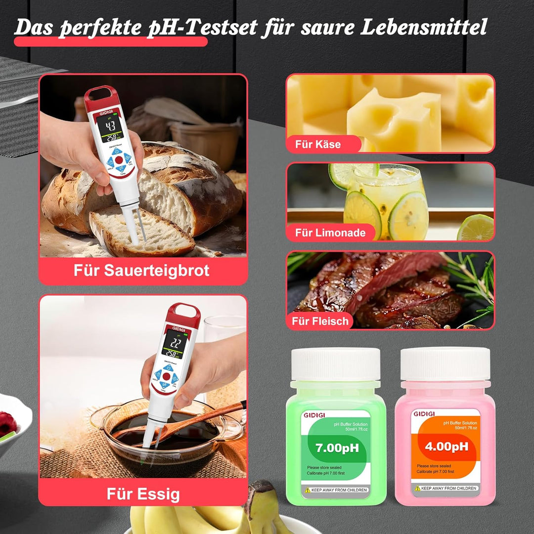 pH Messgerät für Lebensmittel zur Fermentation mit pH-Kalibrierungskits, Farbdisplay, Speerspitze, p