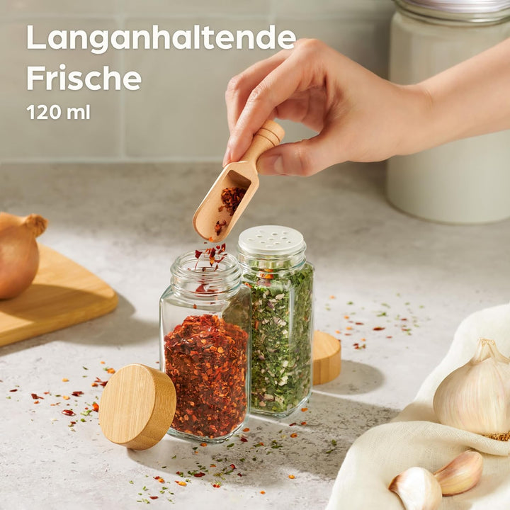 Praknu Gewürzregal mit Gläsern - Gewürzregal aus FSC® Holz - 12er-Set Gewürzgläser eckig mit Bambusd