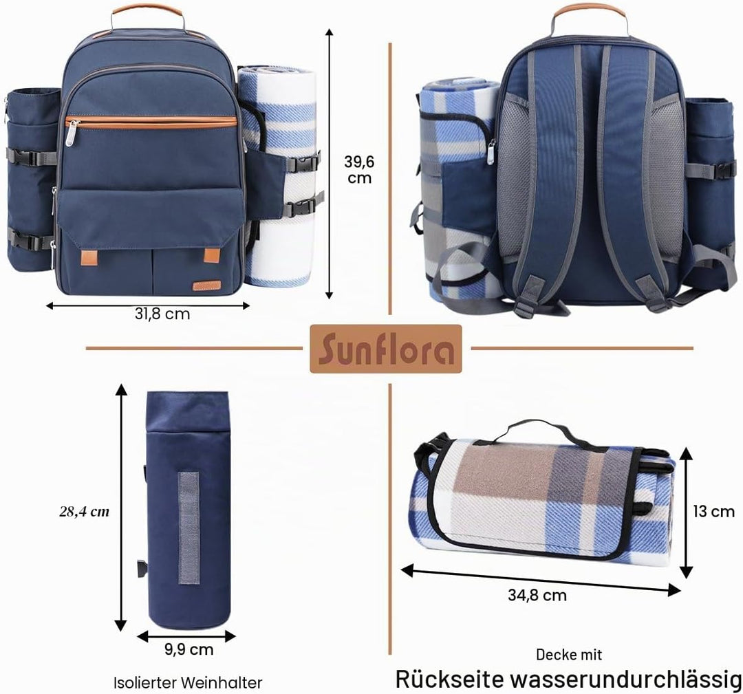 Sunflora Picknickrucksack 4 Personen Picknickset mit Isoliertem Kühlfach und Decke für Camping Outdo