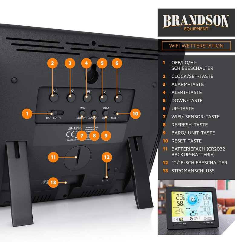 Brandson - Wlan Wetterstation mit 5 in 1 Aussensensor – LCD Farbdispay - Wetterdaten per App WiFi Sm