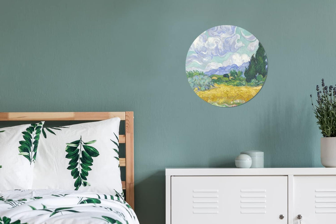 MuchoWow Wandbild Rund Wanddeko Deko Wohnzimmer Bilder 30x30 cm Weizenfeld mit Zypressen - Vincent v