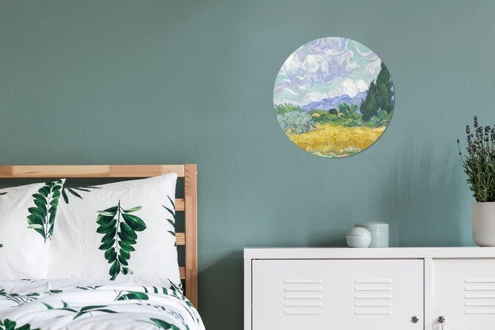 MuchoWow Wandbild Rund Wanddeko Deko Wohnzimmer Bilder 30x30 cm Weizenfeld mit Zypressen - Vincent v