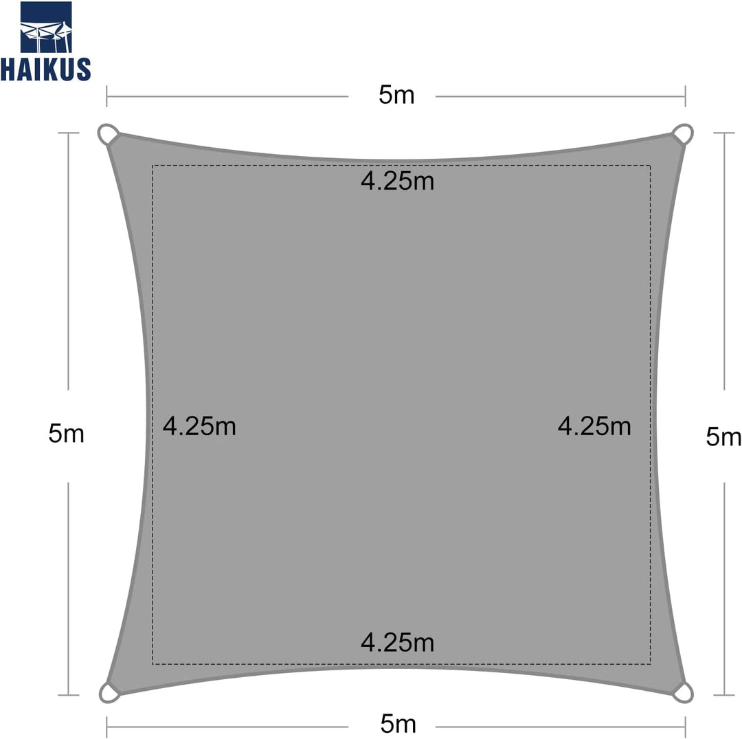 HAIKUS Sonnensegel 5x5 m Quadratisch, Premium HDPE UV Schutz Sonnenschutz Atmungsaktiv Wetterbeständ
