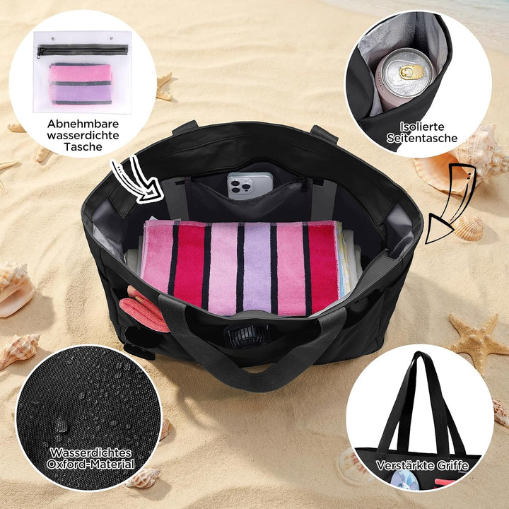 GAGAKU Strandtasche XXL/XL mit Kühlfach, Wasserfest Beach Bag mit Reissverschluss – Faltbar Gross Ba