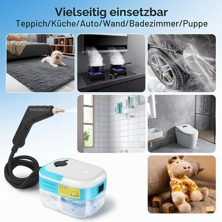 Handdampfreiniger 7-in-1, 1500W | 1,2L Wassertank für Küche &amp; Bad | Hochdruck-Dampfgarer (3BAR) gege