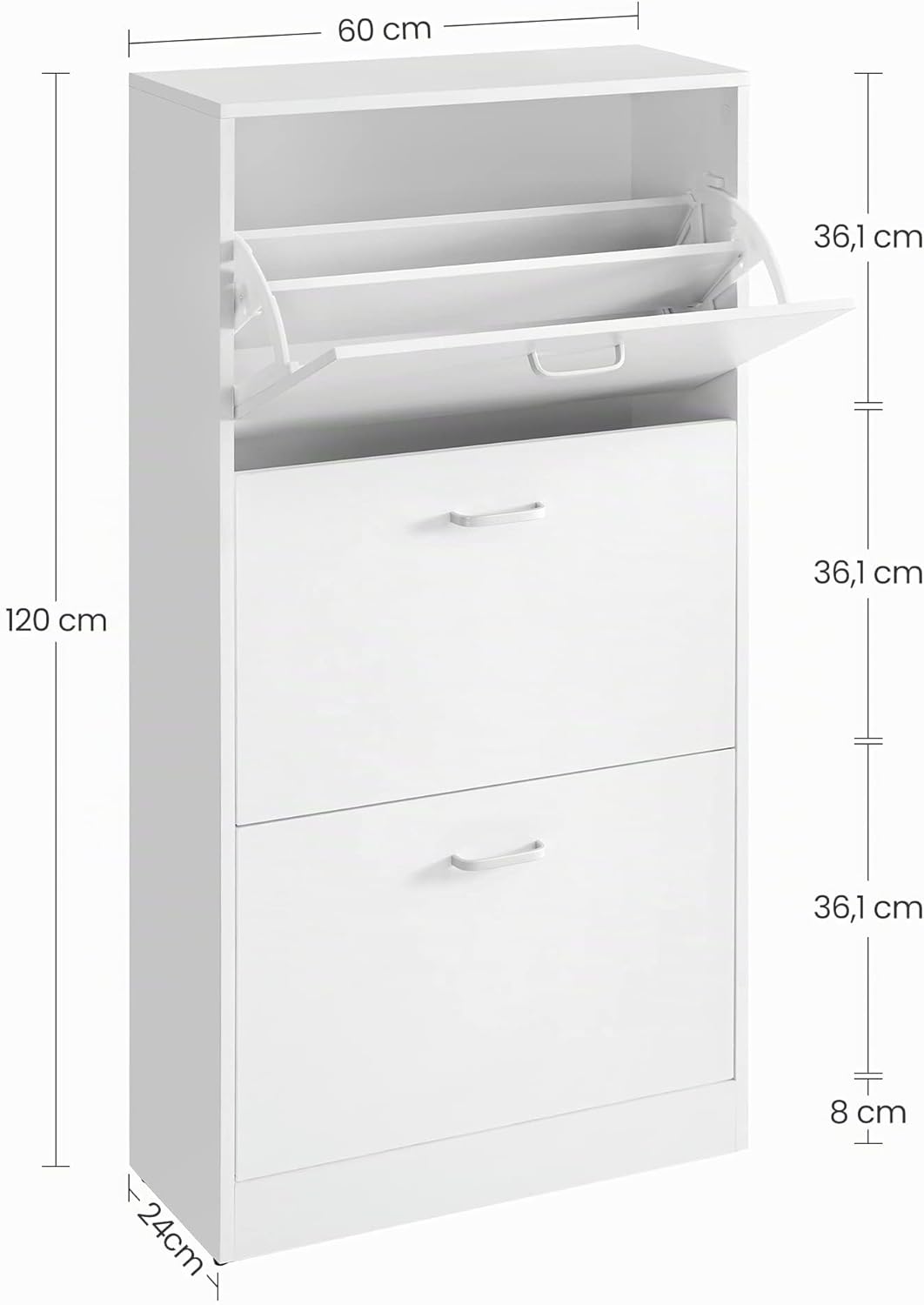 VASAGLE Schuhschrank mit 3 Klappen, Schuhregal, Schuhkipper, Schuhkommode mit 3 Tiefen Fächern, Weis