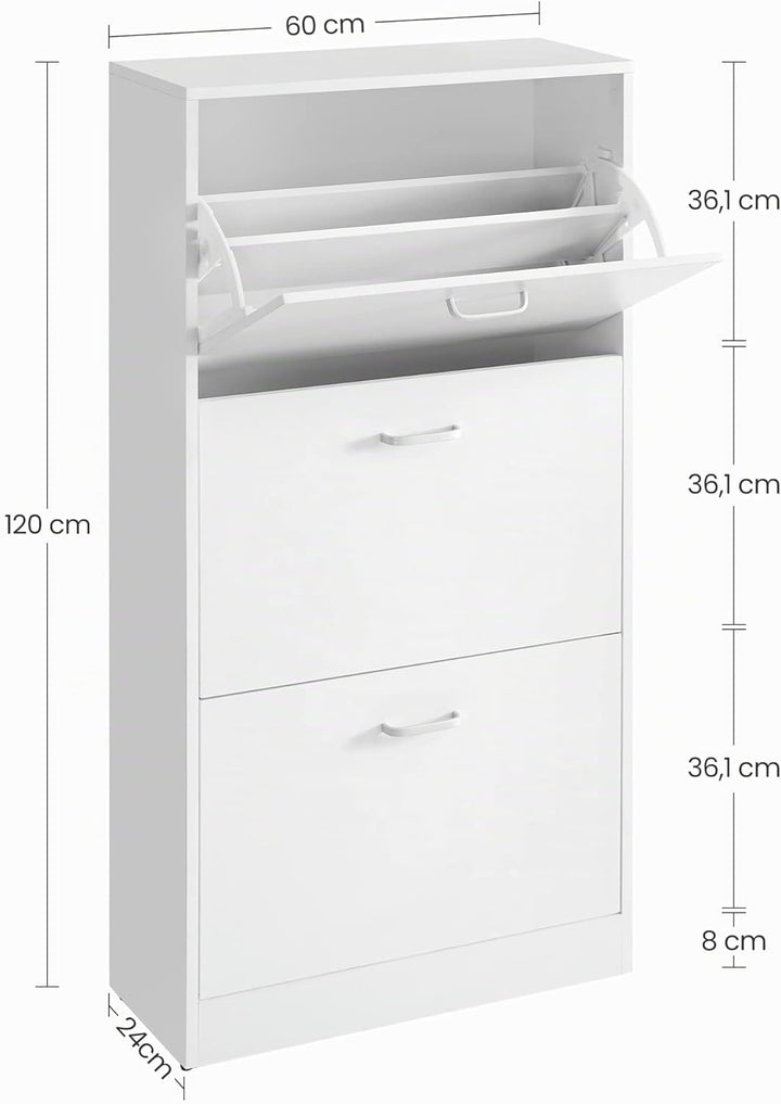 VASAGLE Schuhschrank mit 3 Klappen, Schuhregal, Schuhkipper, Schuhkommode mit 3 Tiefen Fächern, Weis