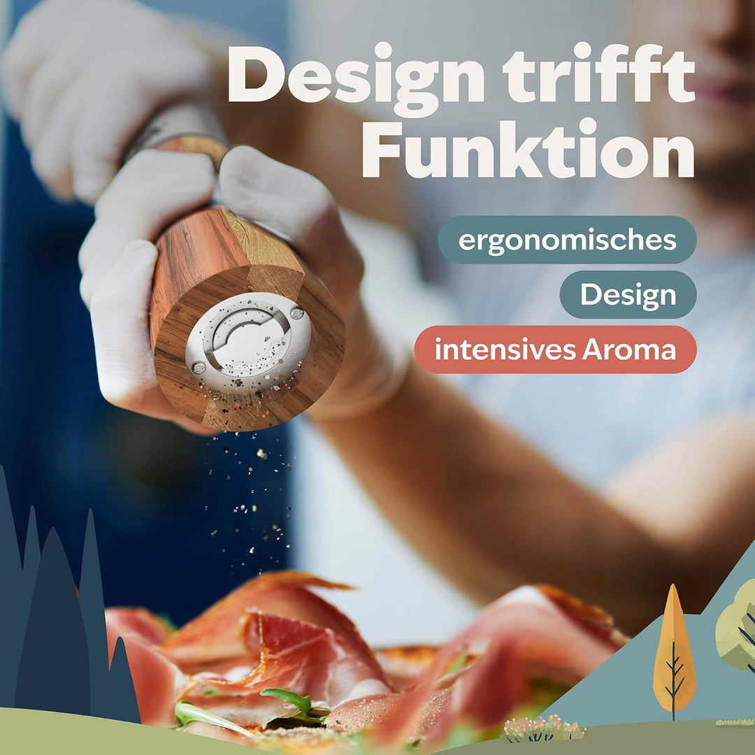 kjøk Premium Salz und Pfeffer Mühle Edelstahl und massives Akazienholz mit Untersetzer, Reinigungsbü