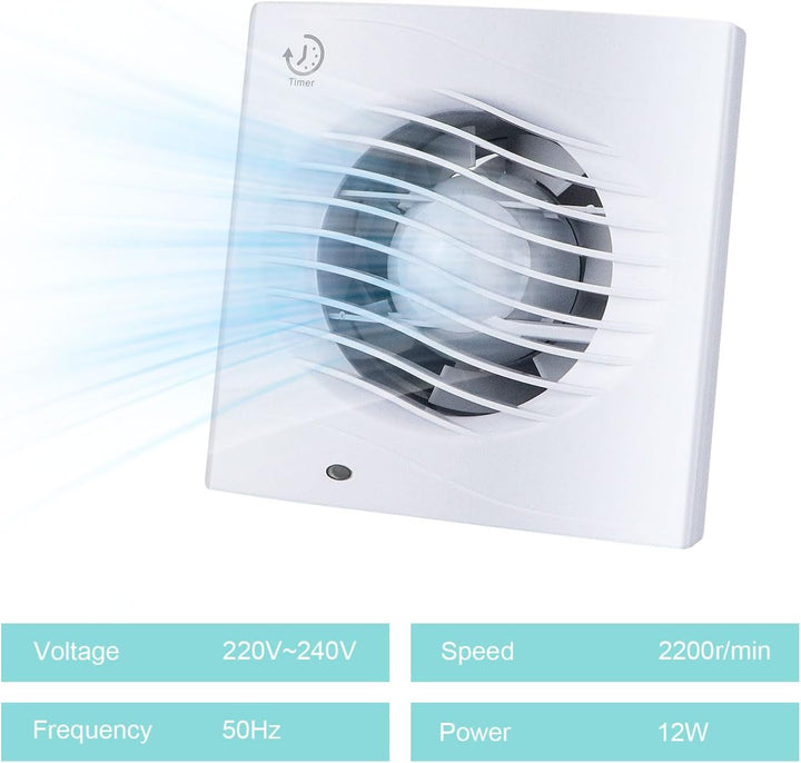 Anesty Badlüfter 100mm mit Nachlauf Timer, 12W 130m³/h Abluftventilator Leiser Badezimmer Lüfter mit