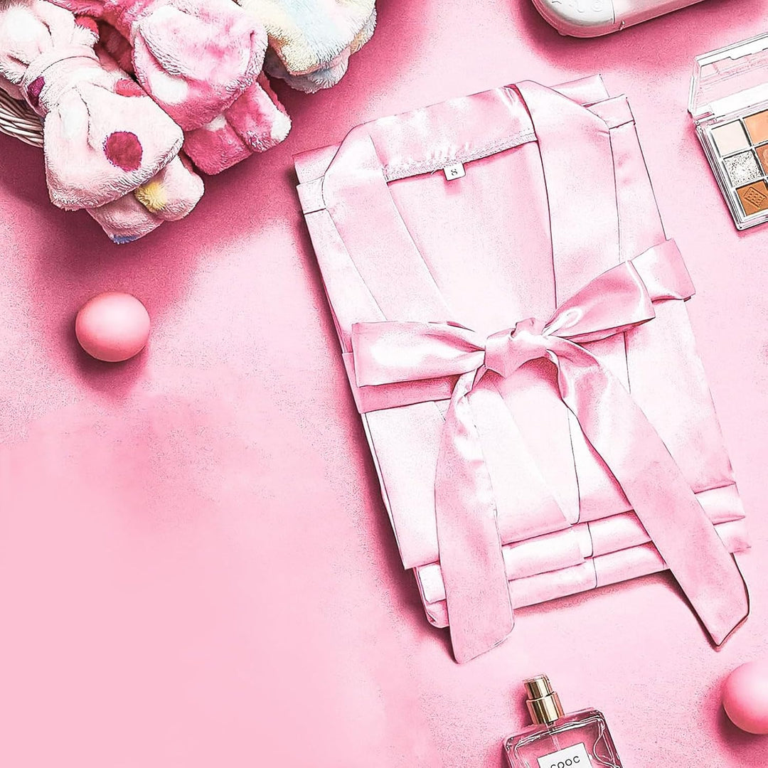 LYCN 12 Stück Mädchen Morgenmantel, Kinder Kimono Bademantel aus Seidensatin mit 6 Schleifen-Stirnbä
