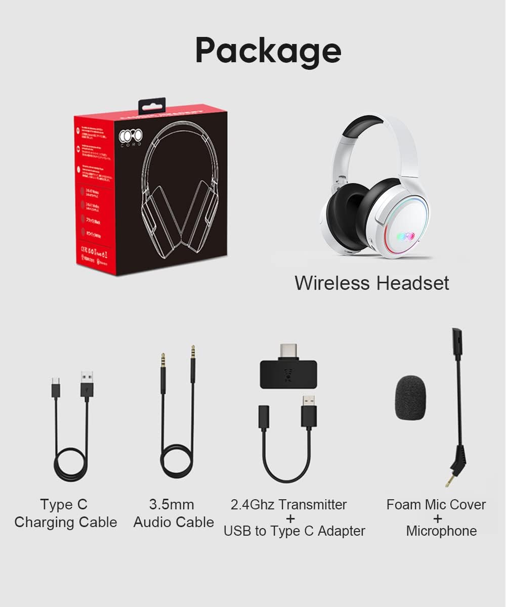 Kabelloses Gaming-Headset, Bluetooth Kopfhörer mit Mikrofon, 2,4 GHz Wireless Headphones Over-Ear Ko