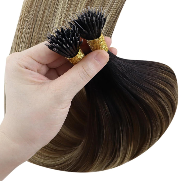 YoungSee Nanoring Extensions Balayage Nanoring Extensions Echthaar 1g Braun Balayage Blond Nanoring