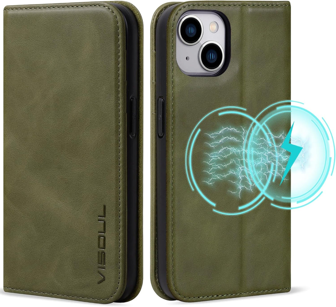VISOUL Hülle für iPhone 15, Schutzhülle [Echt Leder] [Schützt vor Stoss] [Kartenfach] [Magnetverschl