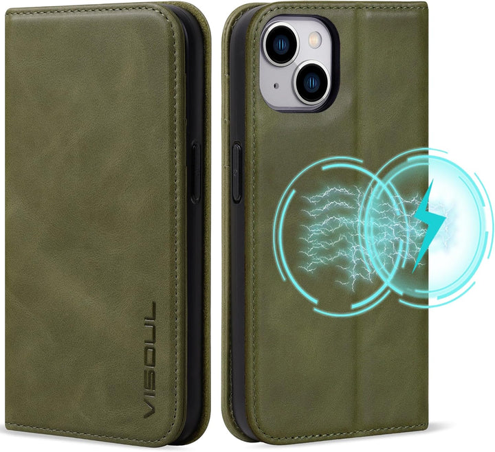 VISOUL Hülle für iPhone 15, Schutzhülle [Echt Leder] [Schützt vor Stoss] [Kartenfach] [Magnetverschl