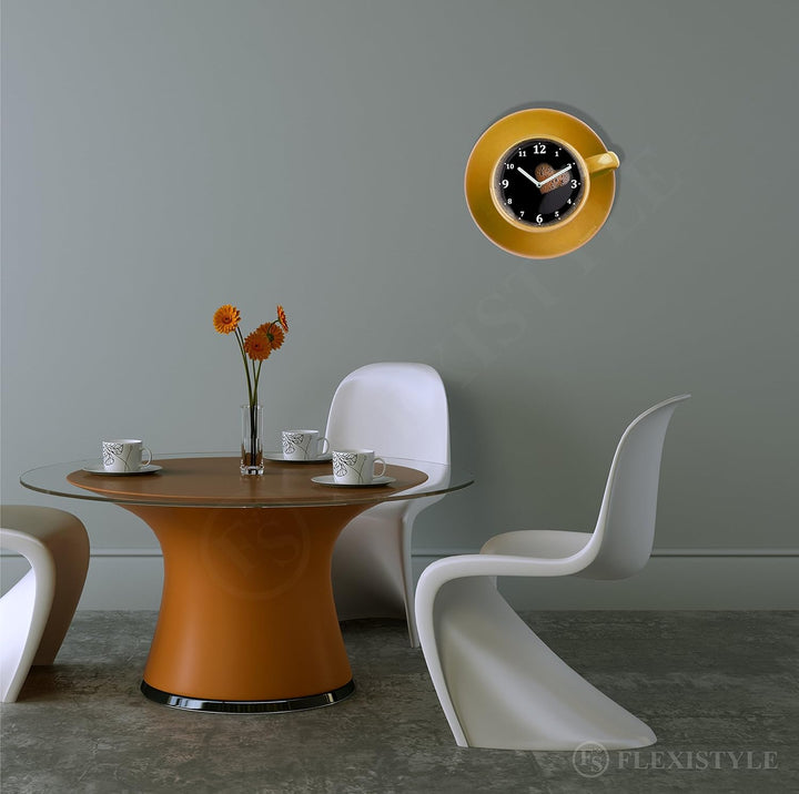 FLEXISTYLE Moderne Küchen Wanduhr Tasse Perfetta, gelber Senf, Acrylglas, UV-Druck, Made in EU, Gelb