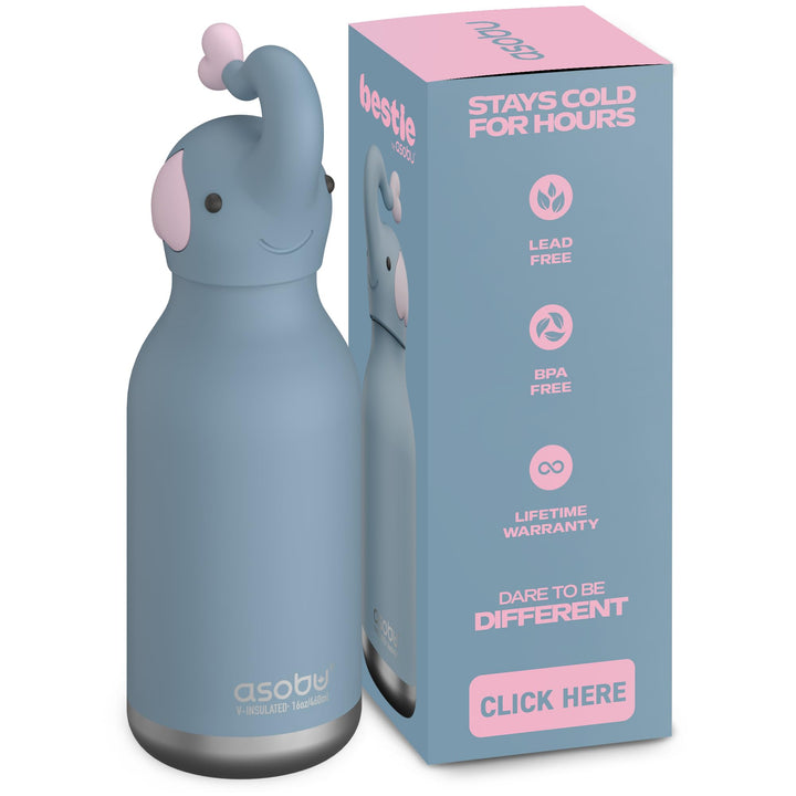 ASOBU Bestie Kindertrinkflasche mit Strohhalm – Isolierte Edelstahlflasche 420ml mit Elefantenkopf –