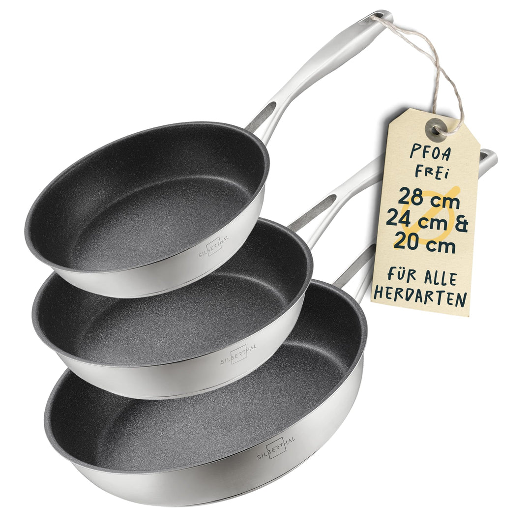 SILBERTHAL Bratpfannen Set 3 teilig - Edelstahlpfanne Beschichtet - 20, 24 und 28 cm - Induktionsgee
