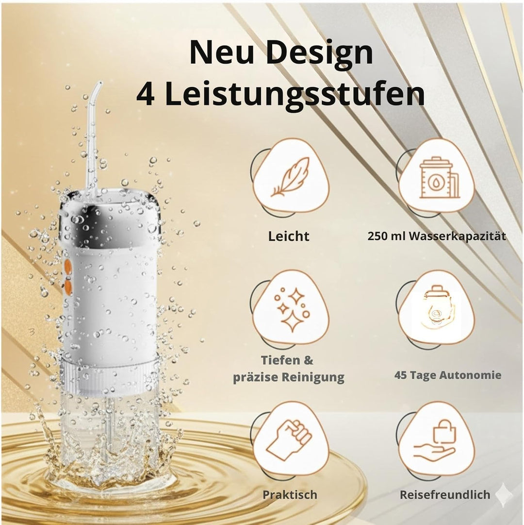 Munddusche IPX7, 250ml Tank, 5 Düsen, USB-C, 4 Leistungsmodi 35–140PSI mit Speicherfunktion, 45Tage