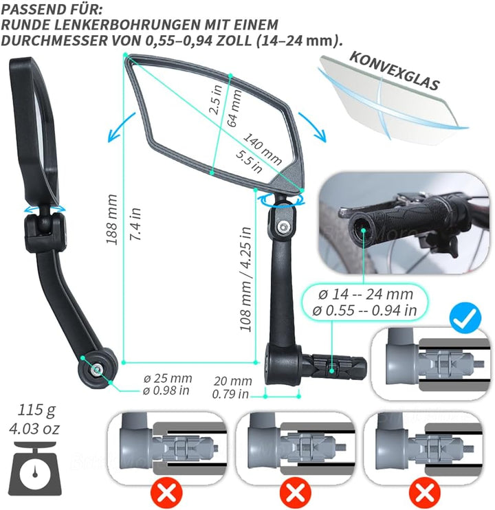 BriskMore Bar End Fahrradspiegel, High-Definition konvexe kratzfeste Glaslinse E-Bike Spiegel A: Sil