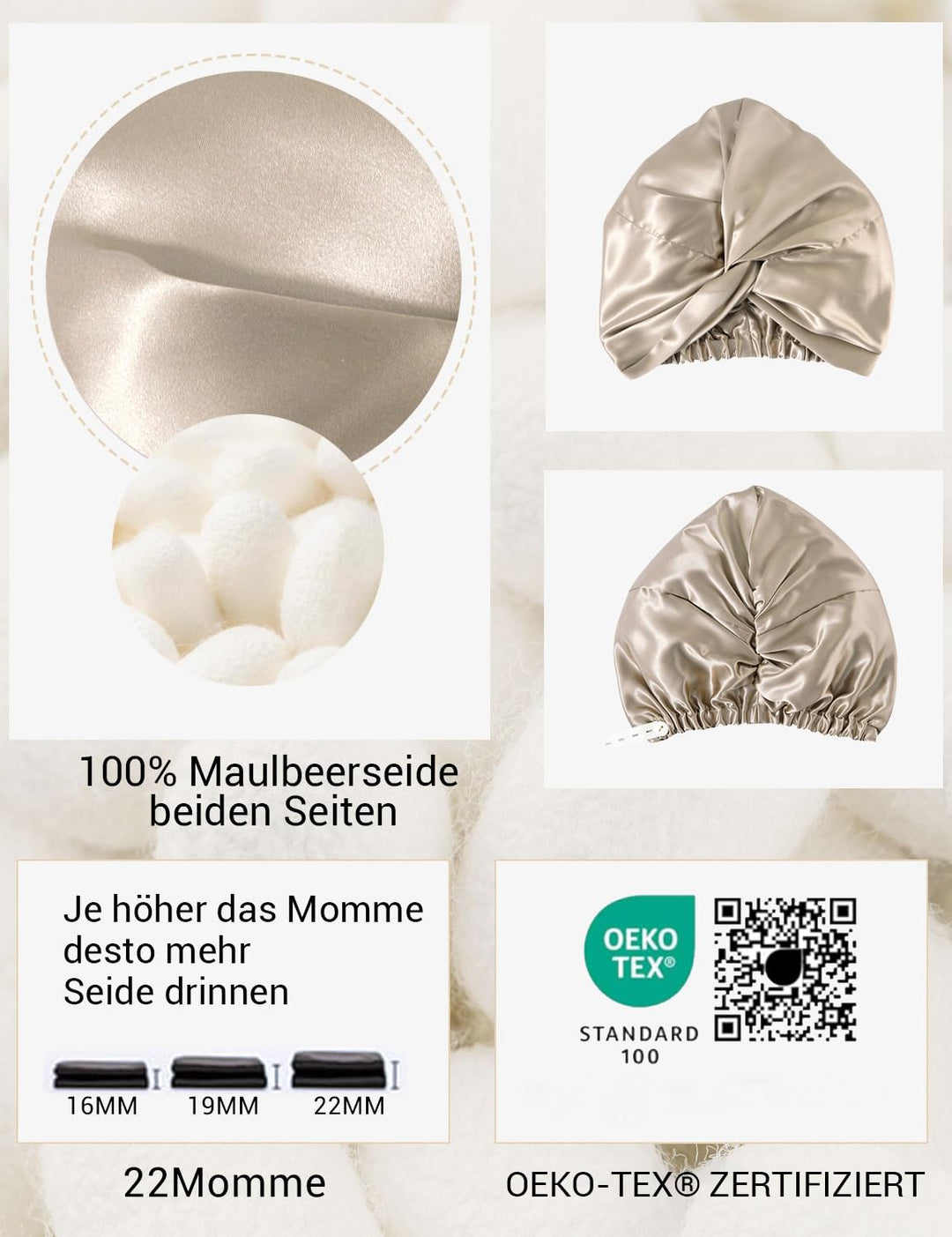 ‌LaCourse Rutschfeste Verstellbare Echte 22 Momme 100% Maulbeerseiden-Seidenhaube zum Schlafen, Dopp