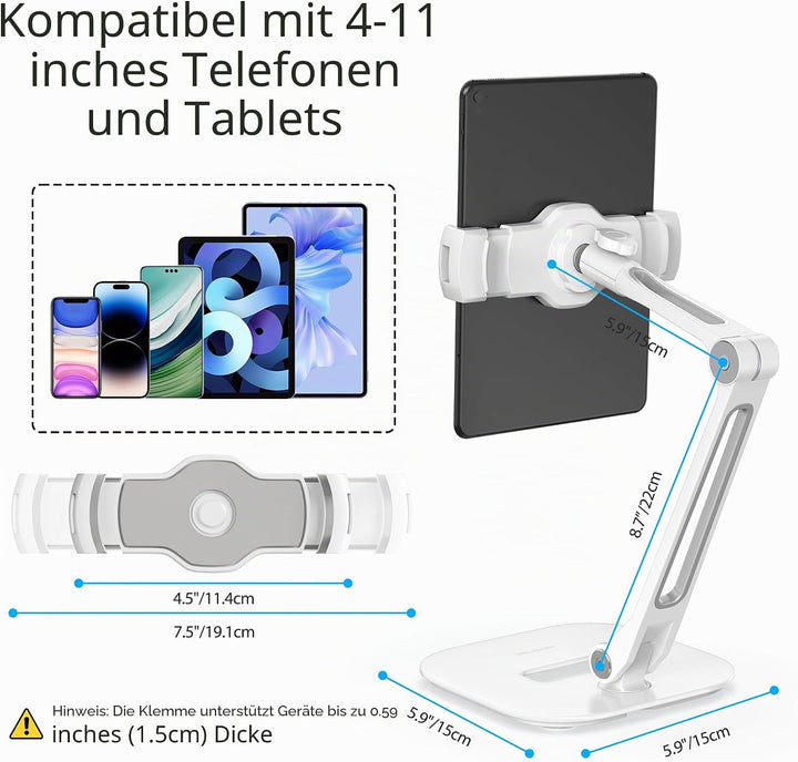 AboveTEK Long Arm Aluminium Tablet Ständer, Klapp Tablet Ständer mit 360 ° Swivel Clamp Halterung, p