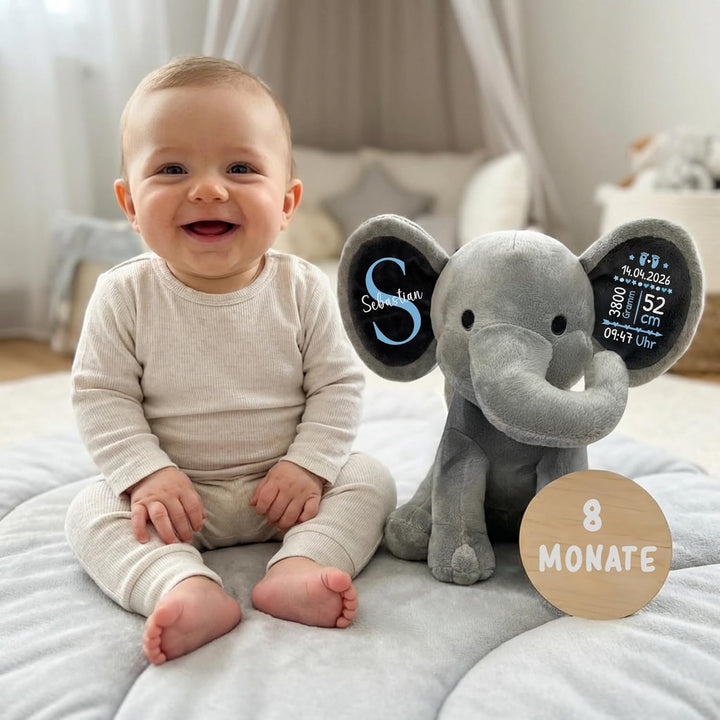 Plüschtier - Personalisiertes Babygeschenk zur Geburt Junge DEKO Elefant Kuscheltier mit Geburtsdate