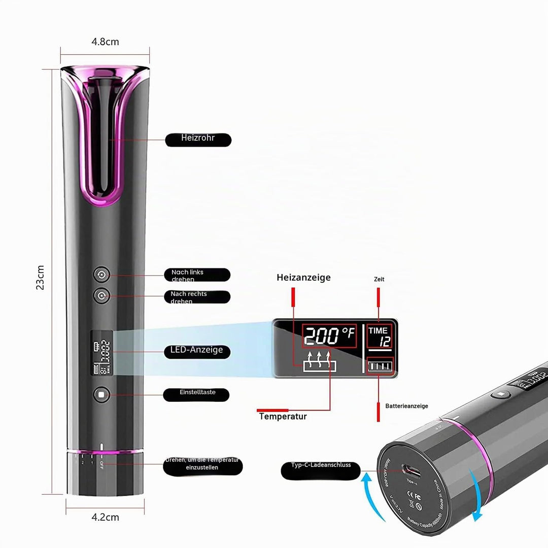 OBA Automatisches Kabelloses Lockenstäbchen, USB-Wiederaufladbar, LCD-Display, Timer 8-18s, Temperat