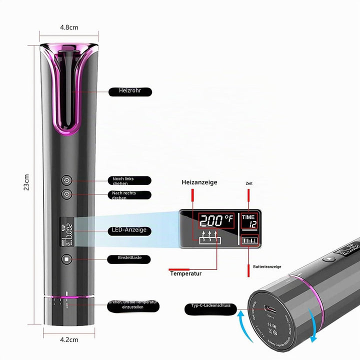 OBA Automatisches Kabelloses Lockenstäbchen, USB-Wiederaufladbar, LCD-Display, Timer 8-18s, Temperat