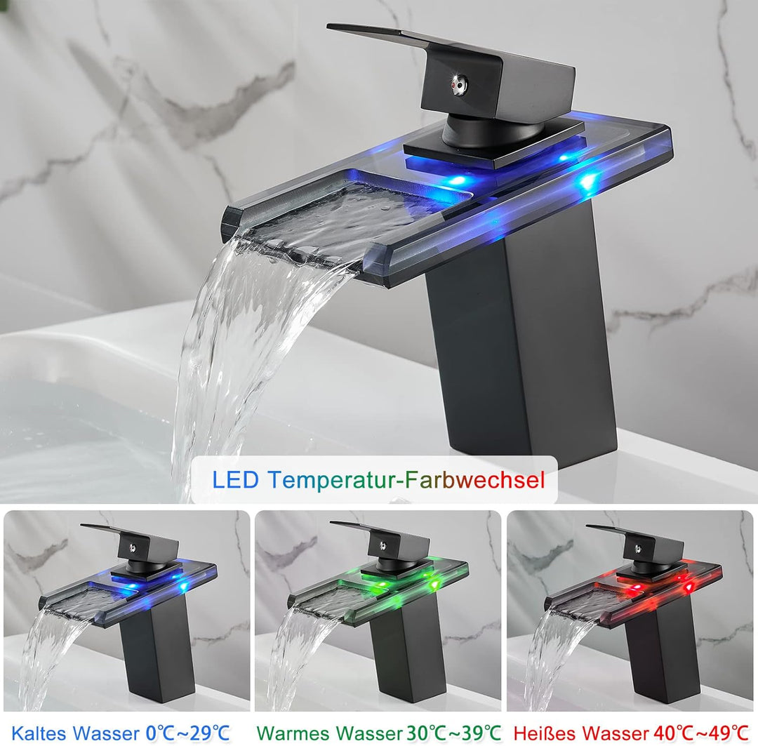 KEOKBON LED Lichter Bad Wasserhahn Schwarz, Farbtemperatur Wasserfall Waschtischarmatur, Waschtischb