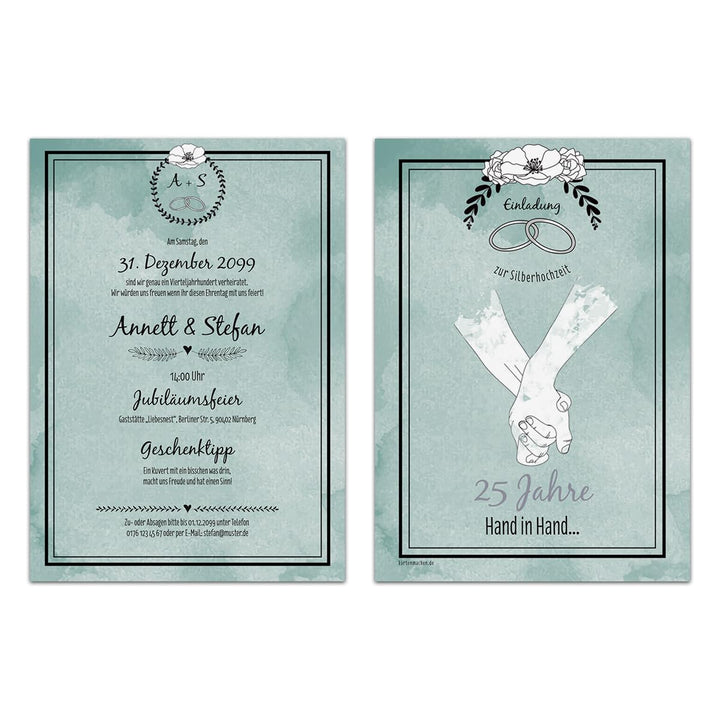 10 x Hochzeitseinladungen Silberhochzeit silberne Hochzeit Einladung - Hand in Hand 10 Stück Silbern
