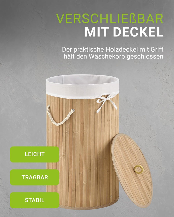 Juskys Bambus Wäschekorb Curly-Round Natur 55L - Hygienischer & Faltbarer Wäschekorb mit Deckel, Tra