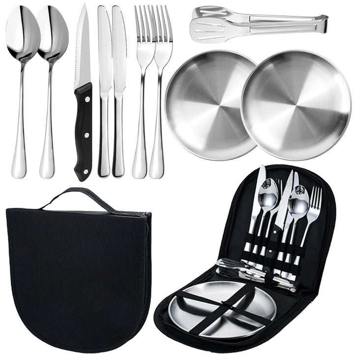Camping Geschirr Set für 2 Personen, 10 Stück Tragbars Campingbesteck Set aus Edelstahl für Picknick