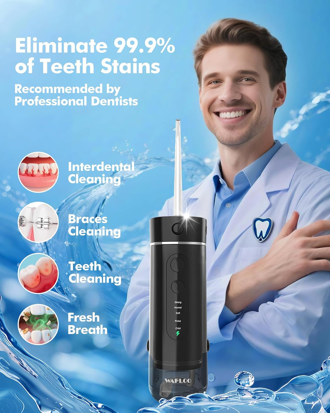 Munddusche Kabellos für Reise, Tragbarer Oral Irrigator mit Teleskop-Wassertank, 5 Reinigungsmodi, 4