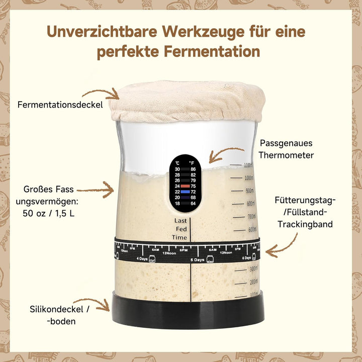 Pro Sauerteig Starter Set – 1,5L Grosses Sauerteig Glas mit 17 Rezepten – Sauerteigstarter Zubehör f