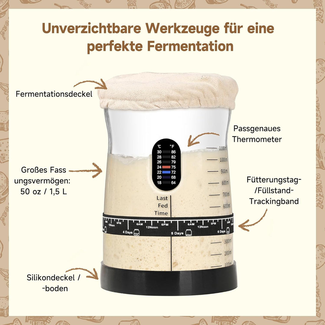 Coco Bird Pro Sauerteig Starter Set – 1,5L Grosses Sauerteig Glas mit 17 Rezepten – Sauerteigstarter