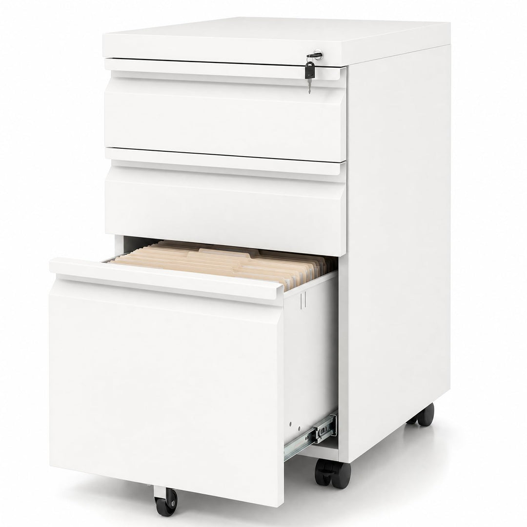 GIANTEX Mobiles Rollcontainer mit 3 Schubladen, Metallaktenschrank mit 5 Rollen und Schloss, stabile