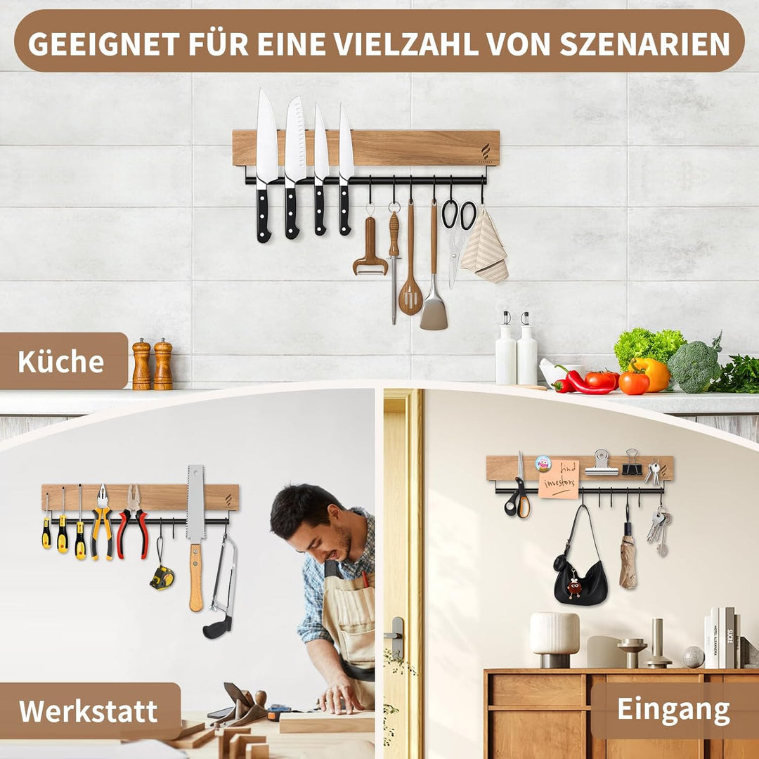 Magnetleiste Messer mit 6 Haken, 40 cm Messerhalter Holz mit Extra Starkem Magnet, Messerhalter Magn